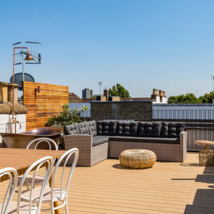 Contemporary rooftop metal railing terrace in London.