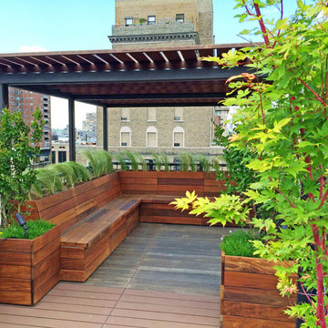 NYC Custom Roof Deck: Ipe & Metal Pergola, Ipe Bench, Planters, Deck