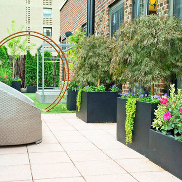 NYC Roof Garden - Artificial Turf, Gracie Arbor, Wicker Furniture, Bamboo Fence