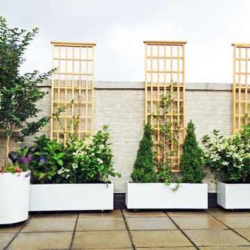 NYC Roof Garden: White Planters, Terrace Deck, Paver Patio, Container Plants