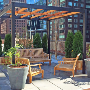 NYC Roof Garden with Pergola, Concrete Pavers, Cedar Planter Boxes, Cedar Chairs