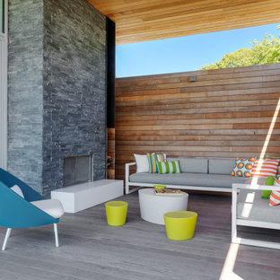 Esempio di una terrazza design di medie dimensioni e dietro casa con un caminetto e un tetto a sbalzo
