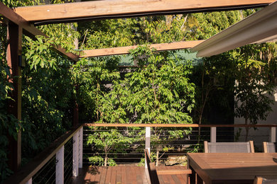 Foto de terraza contemporánea de tamaño medio en patio trasero con toldo