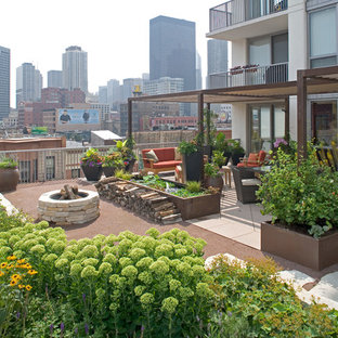 Inspiration for an eclectic rooftop rooftop deck remodel in Chicago with a fire pit