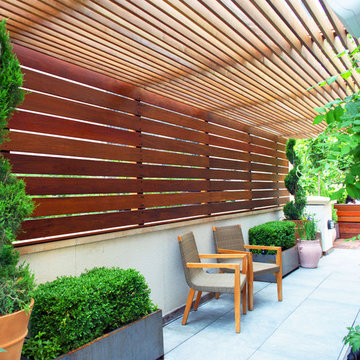 Rooftop Garden with Pergola and Fencing for Outdoor Seating Area