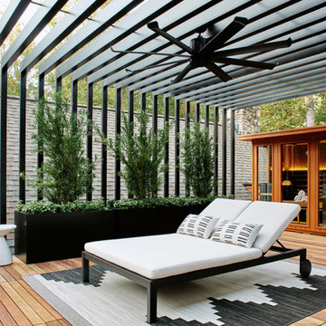 Rooftop Spa Deck with outdoor sauna, large fiberglass pots, RH Modern double lou