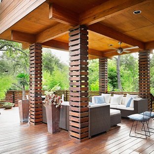 Inspiration for a zen deck remodel in Austin with a roof extension