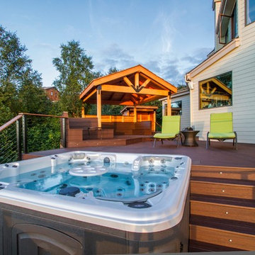 Treeline Deck w/Hot Tub, Cable Railing, In-laid Lighting, Built-In Benches