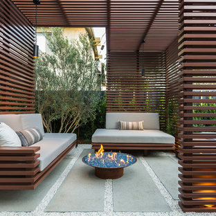 Foto di una piccola terrazza minimal dietro casa con un focolare e una pergola