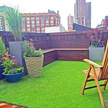 TriBeCa Rooftop Garden - Bamboo Fence, Artificial Turf, Cedar Bench, Planters