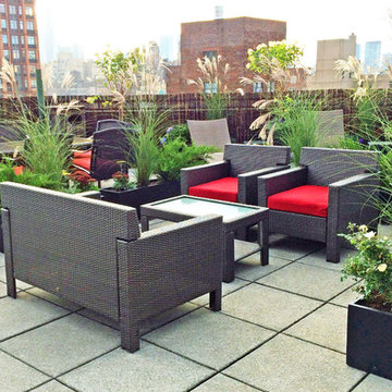 Upper East Side NYC Roof Deck - Wicker Furniture, Container Plants, Grasses
