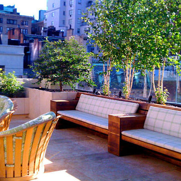 Upper East Side Townhouse Garden: Roof, Terrace, Stone Patio, Bench