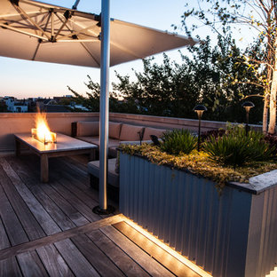 Medium sized industrial roof terrace in Chicago with a potted garden and an awning.