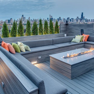 Immagine di una grande terrazza minimal sul tetto e sul tetto con un focolare e nessuna copertura