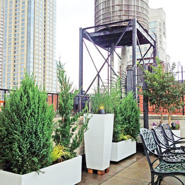 UWS Roof Garden: White Planters, Terrace Deck, Paver Patio, Container Plants