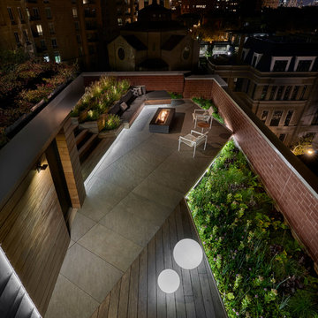 View from Above: Green roof, Porcelain Tile Pavers, Linear Fire Table, LED Edge