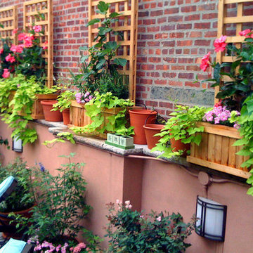 Village Terrace Design: Roof Garden, Planter Boxes, Vines, Brick Wall, Trellis
