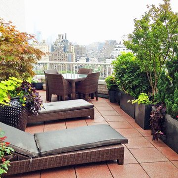 West Village, NYC Terrace Deck: Roof Garden, Pavers, Outdoor Dining, Chaises