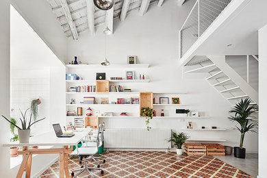 Foto de despacho escandinavo grande sin chimenea con paredes blancas, suelo de baldosas de cerámica y escritorio empotrado