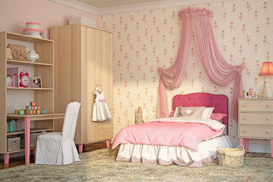 На фото: маленькая детская в современном стиле с спальным местом, розовыми стенами, ковровым покрытием и белым полом для на участке и в саду, ребенка от 4 до 10 лет, девочки
