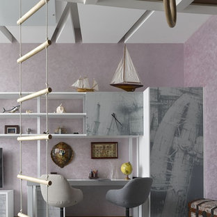 Foto de habitación infantil unisex de 4 a 10 años, contemporánea, grande, con paredes púrpuras, escritorio y suelo gris
