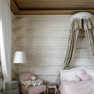 Idee per una grande cameretta per bambini stile rurale con pareti bianche e pareti in legno