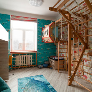 Foto de dormitorio infantil ecléctico con paredes multicolor y suelo gris
