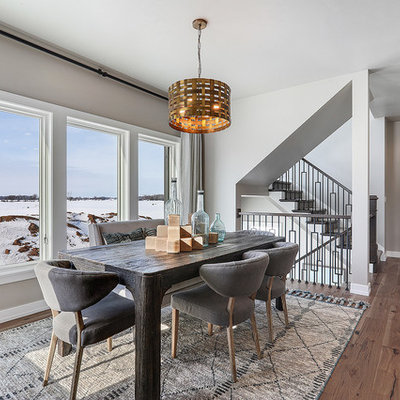 Large transitional dark wood floor and brown floor enclosed dining room photo in Other with gray walls and no fireplace