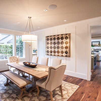 Inspiration for a mid-sized transitional dark wood floor and brown floor enclosed dining room remodel in Portland with white walls