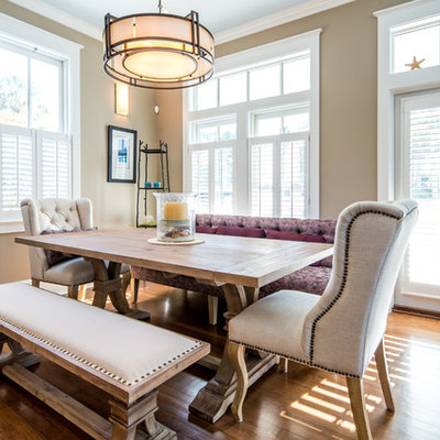 Kitchen/dining room combo - mid-sized coastal medium tone wood floor kitchen/dining room combo idea in Miami with no fireplace and beige walls