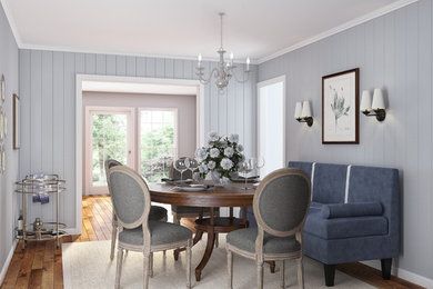 Elegant medium tone wood floor dining room photo in Atlanta with gray walls