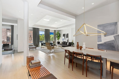 This is an example of an expansive contemporary open plan dining room in New York with white walls, light hardwood flooring and a two-sided fireplace.