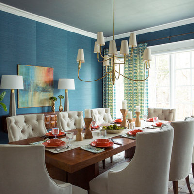 Kitchen/dining room combo - large transitional dark wood floor kitchen/dining room combo idea in Los Angeles with blue walls and no fireplace