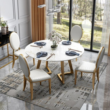 $999.99 51 Inch Round Dining Table Modern White Faux Marble Top Stainless Steel