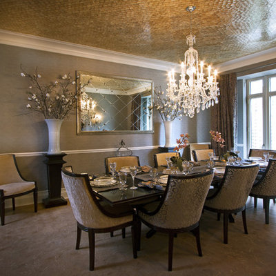 Elegant dark wood floor and beige floor dining room photo in Boston with gray walls
