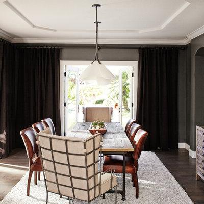 Large transitional dark wood floor kitchen/dining room combo photo in San Francisco with gray walls and no fireplace