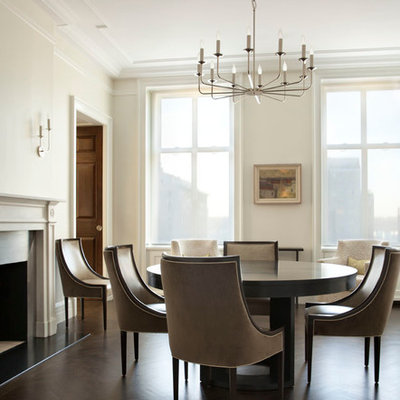 Great room - mid-sized traditional dark wood floor great room idea in New York with white walls and a standard fireplace