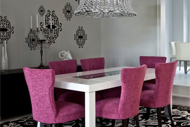 Photo of a medium sized modern open plan dining room in New York with multi-coloured walls, carpet and beige floors.