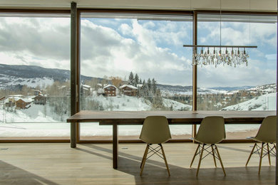 Foto di una grande sala da pranzo aperta verso la cucina minimalista con pareti bianche, parquet chiaro e pavimento beige
