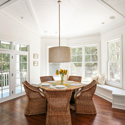 Inspiration for a coastal dark wood floor dining room remodel in San Francisco with white walls
