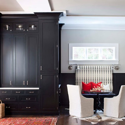 Large elegant medium tone wood floor great room photo in Atlanta