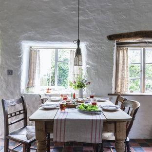 Exempel på en lantlig matplats, med vita väggar, klinkergolv i terrakotta och flerfärgat golv
