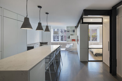 Offenes, Mittelgroßes Modernes Esszimmer ohne Kamin mit weißer Wandfarbe, dunklem Holzboden und braunem Boden in New York
