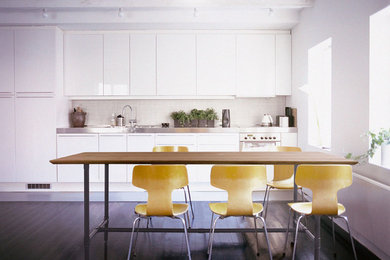 Diseño de comedor de cocina actual de tamaño medio con paredes blancas y suelo de madera oscura