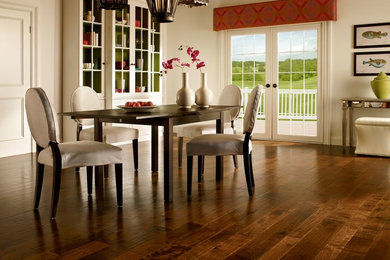 Mid-sized transitional dark wood floor kitchen/dining room combo photo in Orange County with beige walls