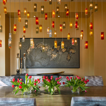 Art Glass Chandelier in Red and Gold Hues in Dining Room