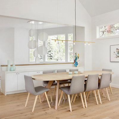 Danish light wood floor dining room photo with white walls and no fireplace