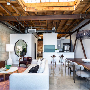Inspiration for an industrial concrete floor and gray floor great room remodel in Los Angeles with white walls