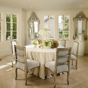 Inspiration for a shabby-chic style medium tone wood floor dining room remodel in San Francisco with beige walls