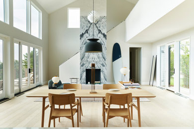 Modelo de comedor abovedado contemporáneo abierto con paredes blancas, suelo de madera clara, todas las chimeneas, marco de chimenea de piedra y suelo blanco